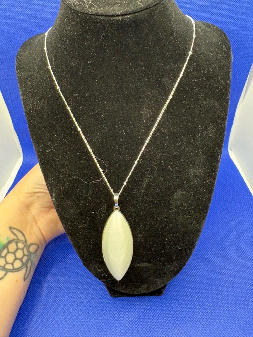 White Cat Eye Glass Marquise Pendant Necklace Silver Tone Chain